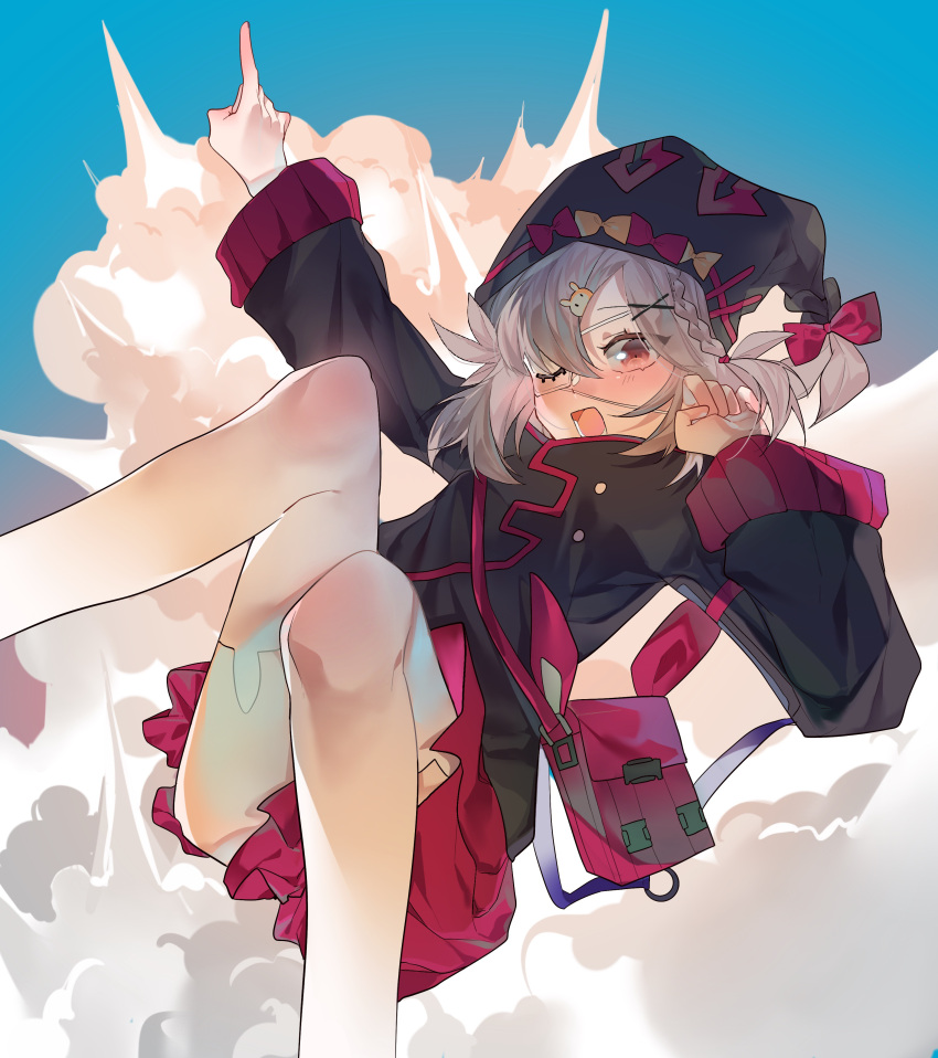 1girl absurdres animal_ear_legwear arknights arm_up bag black_headwear black_jacket blue_sky blush braid bunny_ear_legwear bunny_hair_ornament commentary_request explosion eyepatch feet_out_of_frame grey_hair hair_ornament hairclip highres jacket juzitansuan knees_together_feet_apart knees_up long_sleeves looking_at_viewer open_mouth pleated_skirt pointing popukar_(arknights) red_eyes red_skirt shoulder_bag skirt sky solo thigh-highs white_legwear wide_sleeves x_hair_ornament