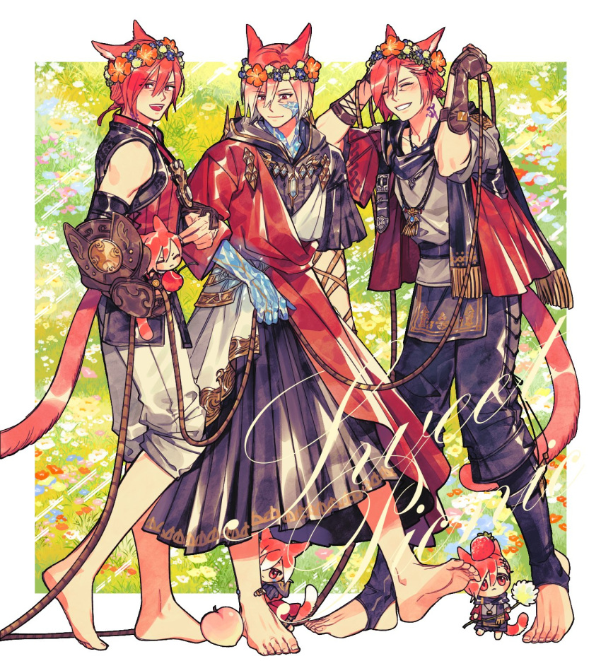 6+boys animal_ears apple bangs barefoot black_pants cat_boy cat_ears cat_tail cherry chibi closed_eyes commentary_request crystal crystal_exarch elbow_pads facial_mark final_fantasy final_fantasy_xiv flower flower_wreath food food_on_head fringe_trim fruit fruit_on_head full_body g'raha_tia gradient_hair hair_between_eyes head_wreath highres holding holding_flower holding_rope hood hood_down hooded_robe horu97 korean_commentary male_focus meadow miniboy miqo'te multicolored_hair multiple_boys multiple_persona neck_tattoo object_on_head open_mouth pants peach red_eyes redhead rope short_hair short_ponytail smile stirrup_legwear strawberry tail tattoo toeless_legwear toga vambraces white_pants