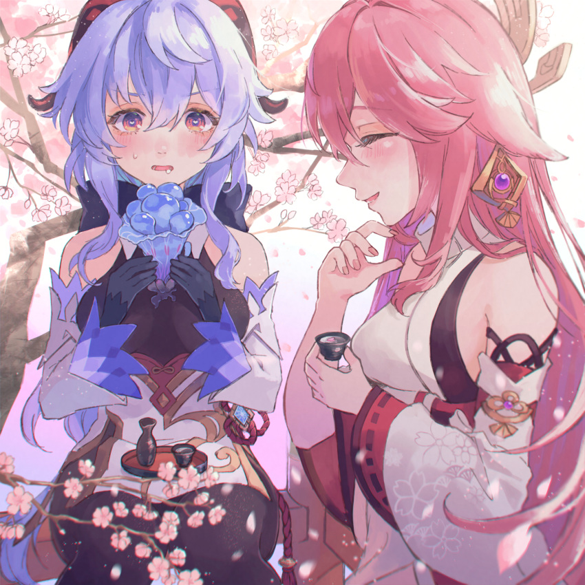 2girls animal_ears bangs black_bodysuit black_gloves blue_hair blush bodysuit breasts cherry_blossoms closed_eyes cup detached_sleeves earrings floral_print fox_ears ganyu_(genshin_impact) genshin_impact gloves hair_between_eyes heart heart-shaped_pupils highres holding holding_cup japanese_clothes jewelry long_hair miko multiple_girls petals petals_on_liquid pink_hair sitting sweat symbol-shaped_pupils yae_miko yamabuki_(laysis_yama)
