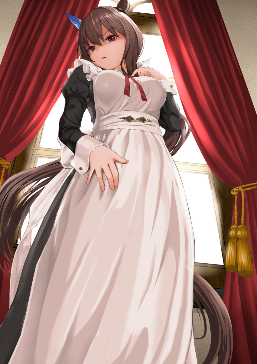 1girl absurdres admire_vega_(umamusume) animal_ears apron bangs black_dress breast_suppress breasts brown_hair curtains day dress ear_covers facing_to_the_side feet_out_of_frame frilled_apron frilled_dress frills from_below gibun_(sozoshu) hand_up highres horse_ears horse_girl horse_tail indoors juliet_sleeves large_breasts long_hair long_sleeves looking_at_viewer looking_down maid maid_apron neck_ribbon parted_lips puffy_sleeves red_eyes red_ribbon ribbon shaded_face sleeve_cuffs solo tail tassel umamusume very_long_hair white_apron window