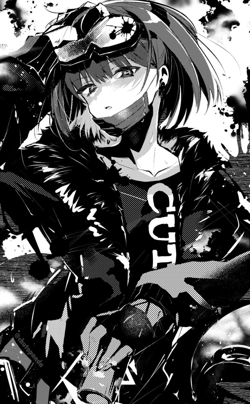 1girl andreana_(arknights) arknights arm_up ba_kanoko bangs clothing_aside collarbone eyebrows_visible_through_hair fingerless_gloves fur-trimmed_jacket fur_trim gloves goggles goggles_on_head greyscale highres ink jacket long_sleeves looking_at_viewer mask mask_pull monochrome mouth_mask open_clothes open_jacket parted_lips shirt short_hair solo upper_body