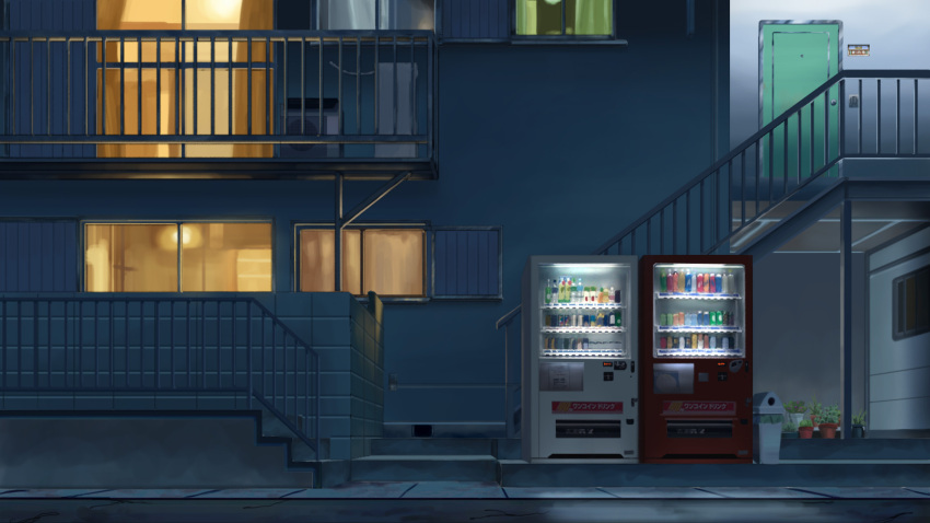 air_conditioner balcony building commentary_request door drink fence flower_pot highres isbeyvan light night no_humans original outdoors scenery stairs trash_can vending_machine window