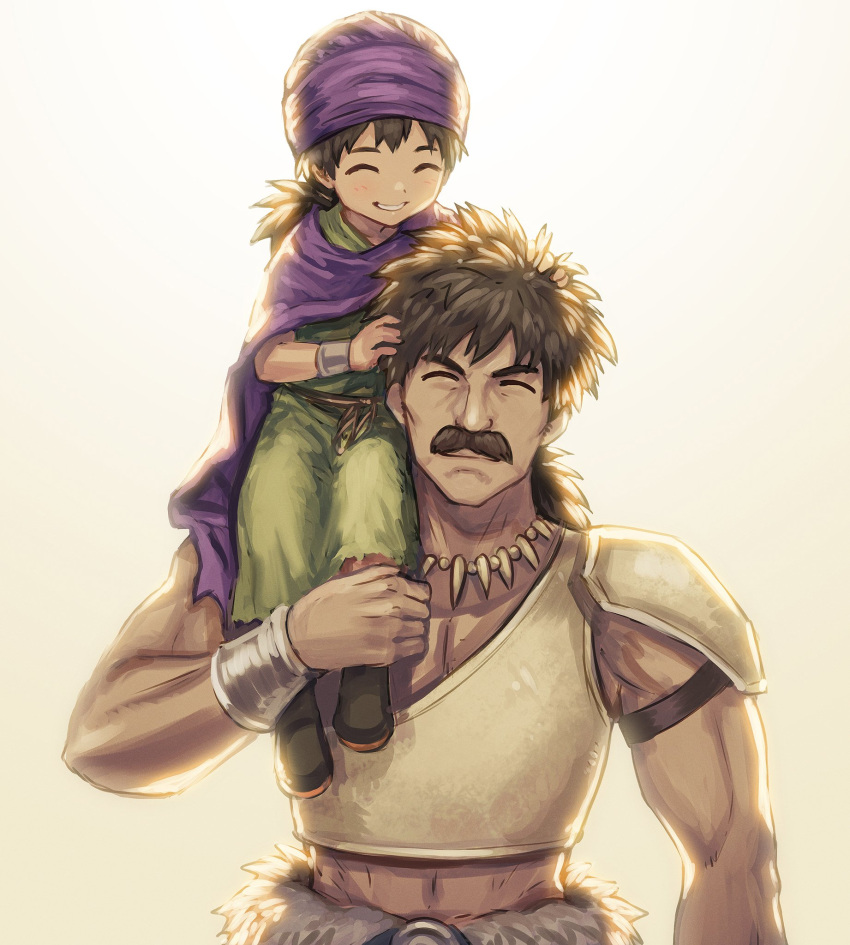 2boys anbe_yoshirou black_hair bracelet cape child closed_eyes dragon_quest dragon_quest_v fang_necklace father's_day father_and_son happy hero_(dq5) highres jewelry long_hair low_ponytail multiple_boys papas ponytail purple_cape smile turban