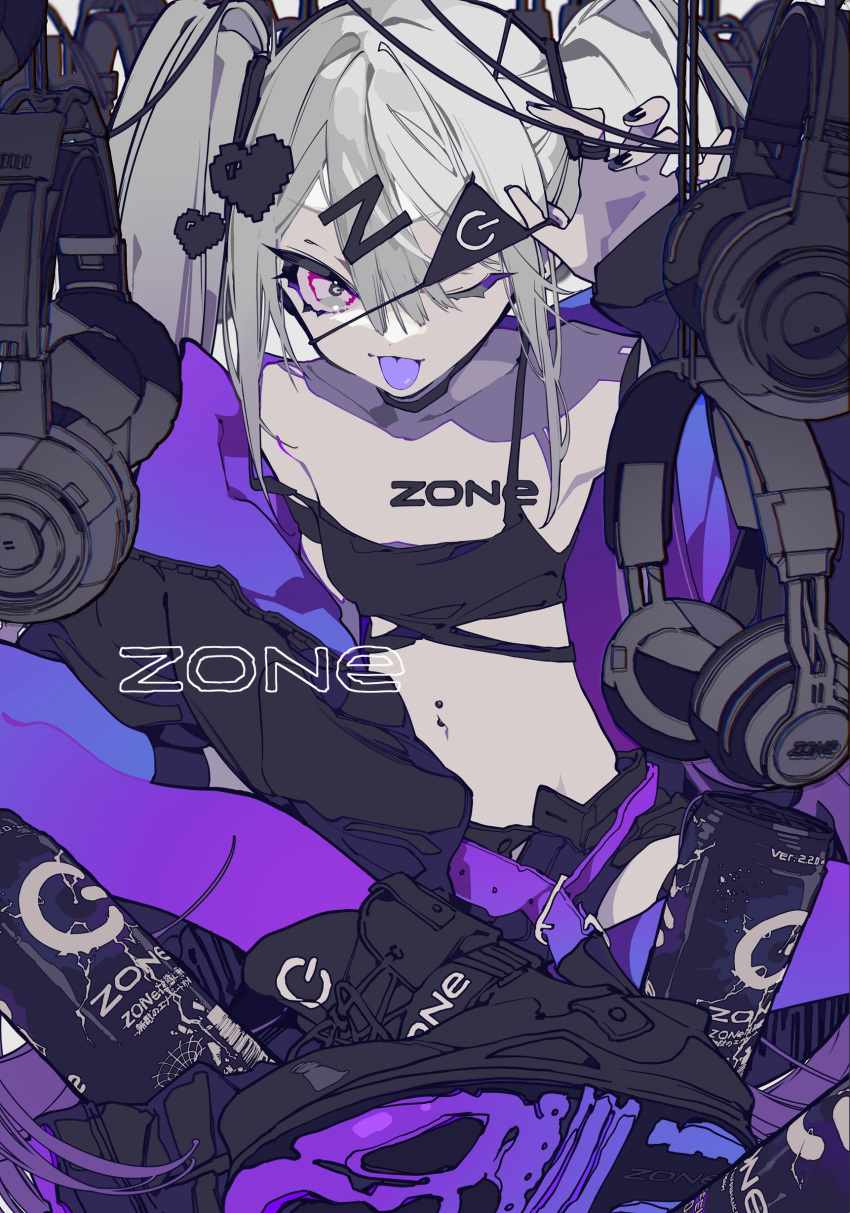1girl absurdres bangs black_shorts boots breasts can collarbone dive_to_zone energy_drink eyepatch eyepatch_lift gradient gradient_legwear hair_between_eyes headphones heart highres looking_at_viewer mochizuki_kei navel off_shoulder one_eye_closed power_symbol product_girl product_placement purple_theme shorts small_breasts solo thigh-highs tongue tongue_out twintails violet_eyes white_hair