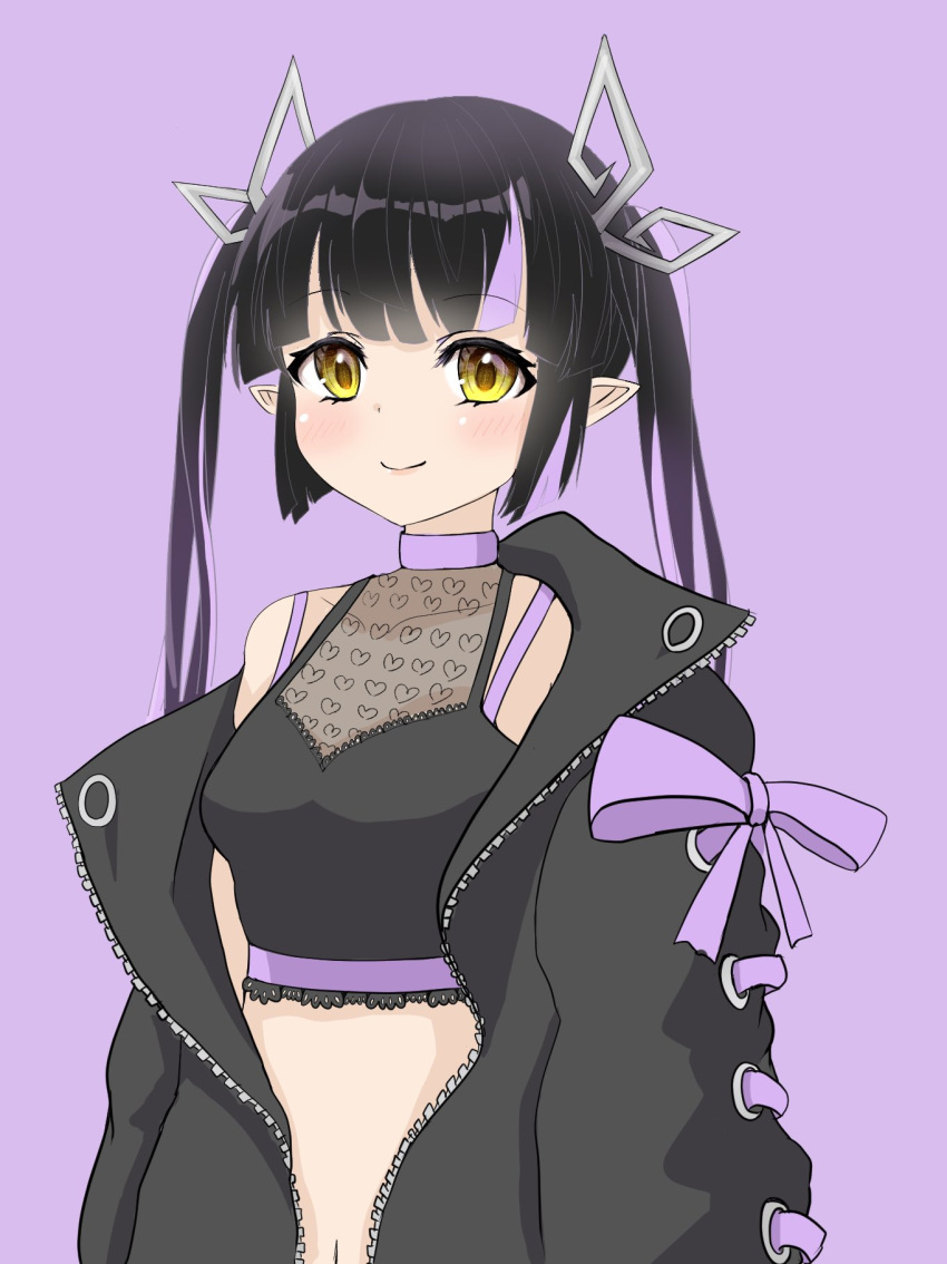 1girl bangs black_hair black_jacket black_shirt blunt_bangs blush breasts closed_mouth commentary_request crop_top demon_girl demon_horns eyebrows_visible_through_hair heart heart_print highres horns jacket kojo_anna long_hair long_sleeves looking_at_viewer medium_breasts midriff multicolored_hair navel off_shoulder open_clothes open_jacket pink_background pink_hair pointy_ears print_shirt robou_no_stone see-through_shirt shirt simple_background sleeveless sleeveless_shirt smile solo sugar_lyric twintails two-tone_hair upper_body virtual_youtuber yellow_eyes zipper