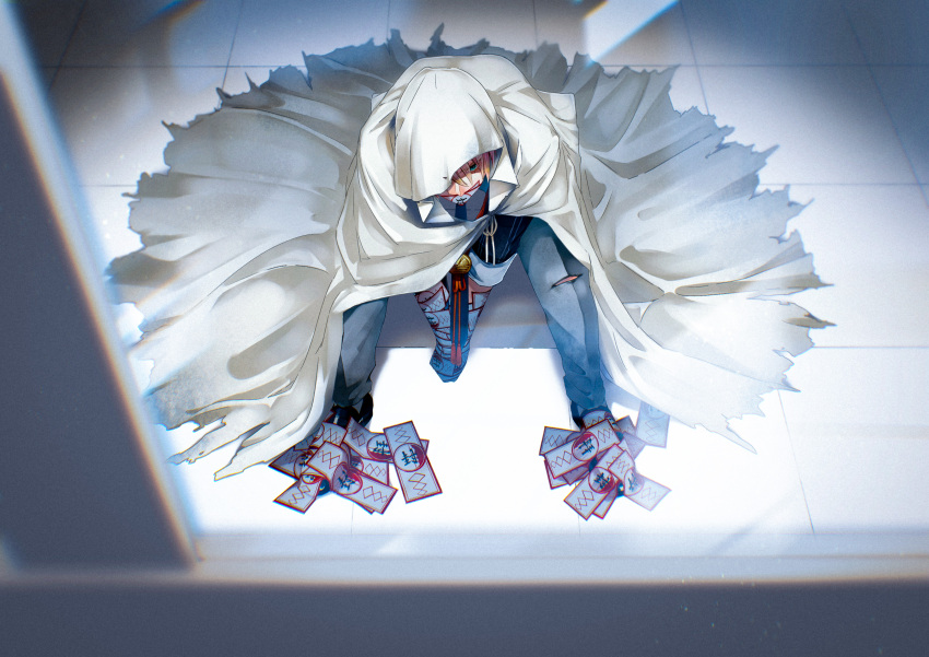 1boy absurdres bell bench blonde_hair blue_eyes blue_pants bound bound_arms cloak covered_mouth from_outside highres hood hood_over_one_eye hood_up hooded_cloak jingle_bell leaning_forward looking_at_viewer male_focus maro_(m_r_6717) one_eye_covered pants restrained shoes sitting sleeves_folded_up solo talisman tile_floor tiles torn_cloak torn_clothes torn_pants touken_ranbu v_arms white_cloak window yamanbagiri_kunihiro