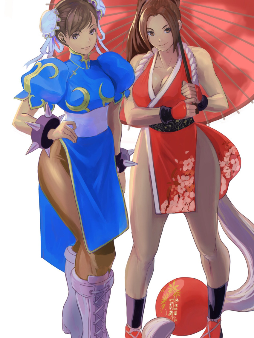 2girls bangs bare_shoulders bracelet breasts brown_eyes brown_hair bun_cover china_dress chinese_clothes chun-li closed_mouth crossover double_bun dress fatal_fury friends full_body hand_on_hip high_ponytail highres holding holding_umbrella jewelry looking_at_viewer medium_breasts meke_(77842928) multiple_girls ninja pantyhose pelvic_curtain revealing_clothes shiranui_mai smile spiked_bracelet spikes standing street_fighter symbol-only_commentary the_king_of_fighters thick_thighs thighs umbrella