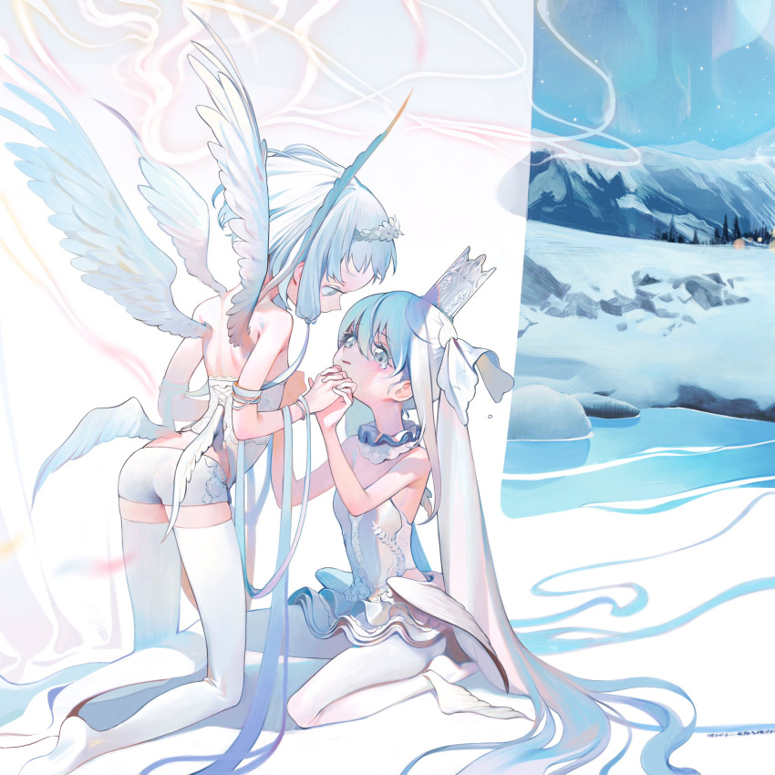 2girls angel angel_wings ass aurora back bare_shoulders blush breasts crown detached_collar dress feathers full_body grey_eyes hair_ornament highres holding_hands interlocked_fingers kaede_(shijie_heping) kneeling leg_wings long_hair looking_at_another low_wings multiple_girls multiple_wings night night_sky original pantyhose parted_lips seraph short_shorts shorts sitting sky sleeveless sleeveless_dress small_breasts snow star_(sky) starry_sky tearing_up thigh-highs tiara twintails very_long_hair water white_dress white_hair white_legwear white_shorts white_wings wings