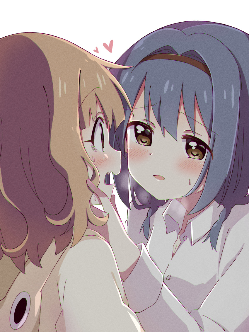 2girls absurdres bangs black_hairband blue_hair blush braid brown_eyes buttons collared_shirt commentary_request eye_contact eyebrows_visible_through_hair face-to-face furutani_himawari hairband hand_on_another's_chin hand_up heart highres hood hood_down hoodie light_brown_hair long_sleeves looking_at_another medium_hair mesushio multiple_girls oomuro_sakurako open_mouth shirt simple_background sweat twin_braids upper_body white_background white_hoodie white_shirt yuri yuru_yuri