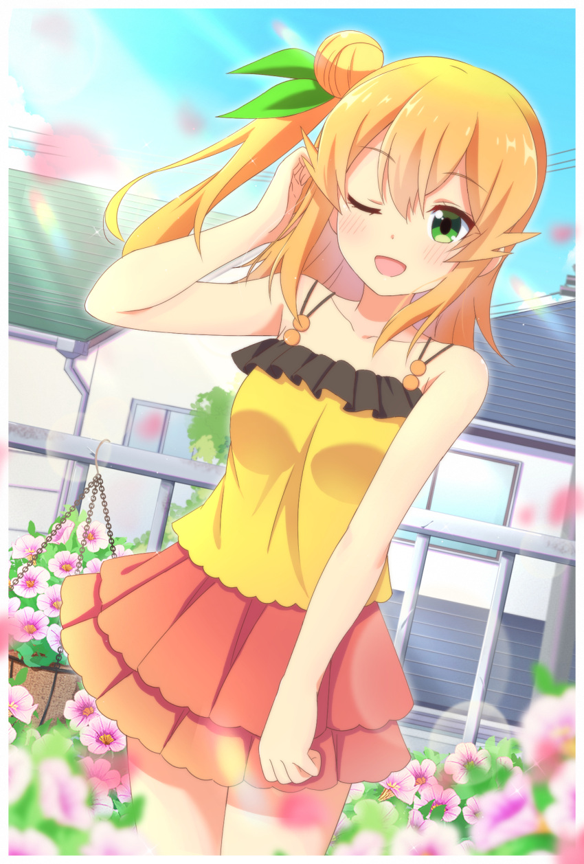 1girl ;d bangs bare_arms bare_shoulders blonde_hair blue_sky blurry blurry_foreground blush camisole collarbone commentary_request day depth_of_field eyebrows_visible_through_hair flower green_eyes hair_between_eyes hair_bun hand_up highres hinatsuki_mikan house layered_skirt long_hair looking_at_viewer machikado_mazoku one_eye_closed one_side_up outdoors pleated_skirt purple_flower red_skirt side_bun skirt sky smile solo standing window x-6 yellow_camisole