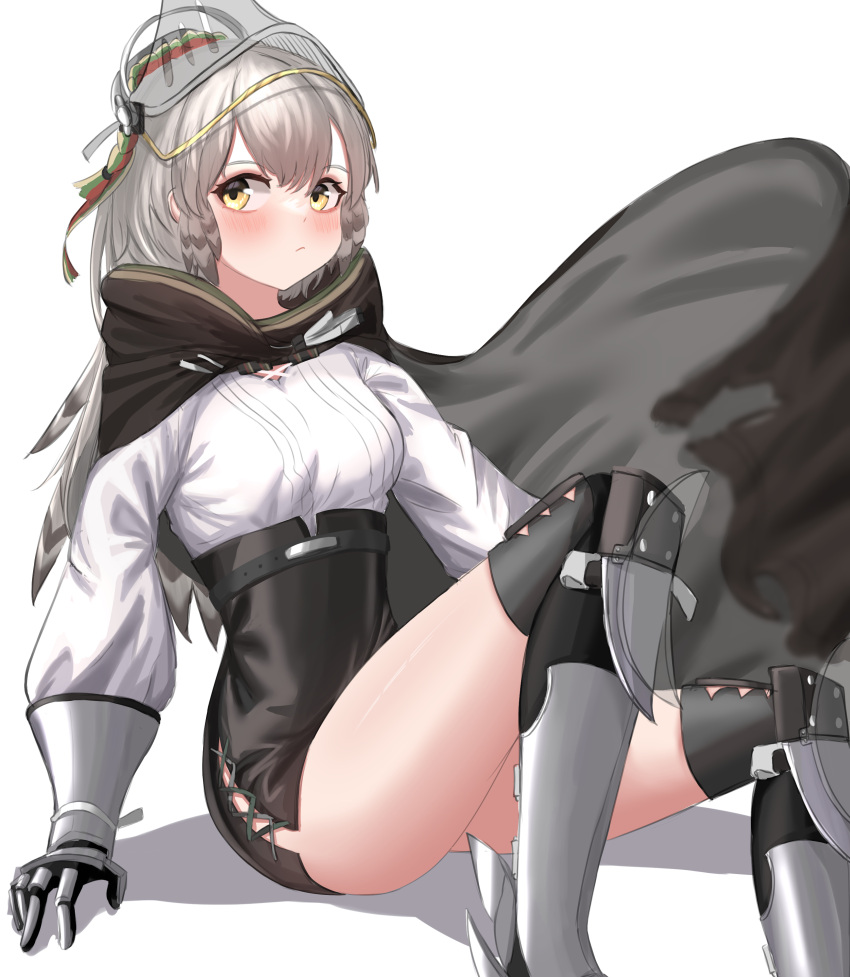 1girl absurdres arknights armor bangs black_cape black_skirt breasts cape chewycandy commentary fartooth_(arknights) greaves grey_hair headgear high-waist_skirt highres long_hair looking_at_viewer pencil_skirt shirt simple_background sitting skirt small_breasts solo thighs vambraces white_background white_shirt yellow_eyes