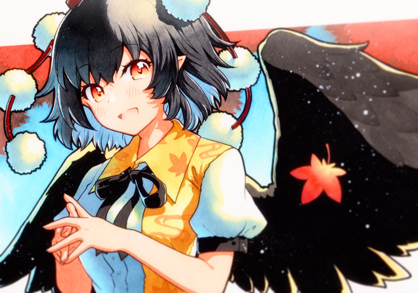 1girl bird_wings black_hair black_wings blush collared_shirt eyebrows_visible_through_hair feathered_wings hair_between_eyes hat highres open_mouth pointy_ears pom_pom_(clothes) puffy_short_sleeves puffy_sleeves qqqrinkappp red_eyes red_headwear shameimaru_aya shirt short_hair short_sleeves smile solo tokin_hat touhou traditional_media upper_body white_shirt wings
