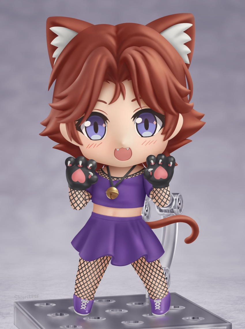 1boy :3 absurdres animal_ears animal_hands artist_name bangs bell blue_eyes blush brown_hair cat_boy cat_ears cat_paws cat_tail catboy_jerma chibi commission commissioner_upload crop_top extra_ears fangs fishnet_legwear fishnet_top fishnets full_body highres jerma985 looking_at_viewer neck_bell nendoroid open_mouth pantyhose parted_bangs purple_skirt shiori2525 short_hair skirt smile solo tail
