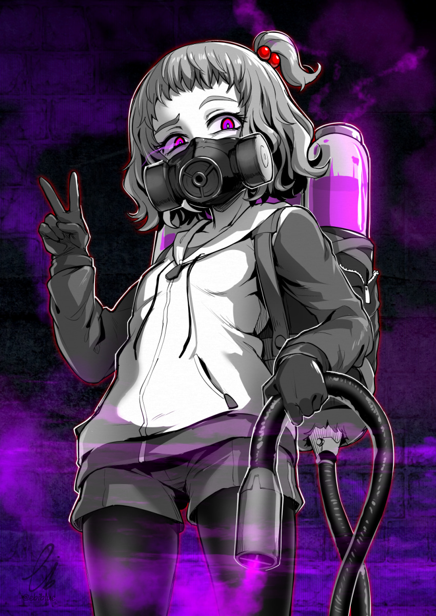 1girl collarbone commentary_request commission drawstring ebiblue flat_chest from_below gas_mask gloves hair_ornament highres hood hooded_jacket jacket legwear_under_shorts looking_at_viewer mask messy_hair monochrome original pantyhose short_hair shorts side_ponytail skeb_commission solo spot_color standing v violet_eyes zipper