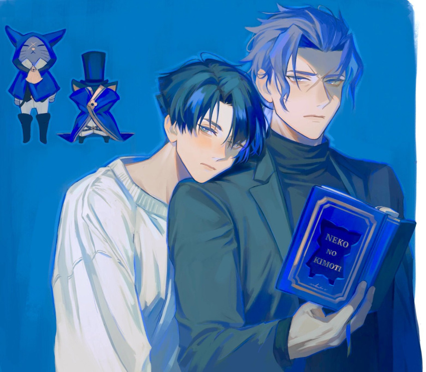 2boys ace_attorney animal ato_(ml_cc_g) barok_van_zieks black_hair black_sweater blue_background book cat closed_eyes grey_hair hat head_on_another's_shoulder highres holding holding_book hood hood_up jacket kazuma_asogi looking_at_viewer male_focus multiple_boys scar scar_on_face sweater symbol-only_commentary the_great_ace_attorney top_hat upper_body white_sweater
