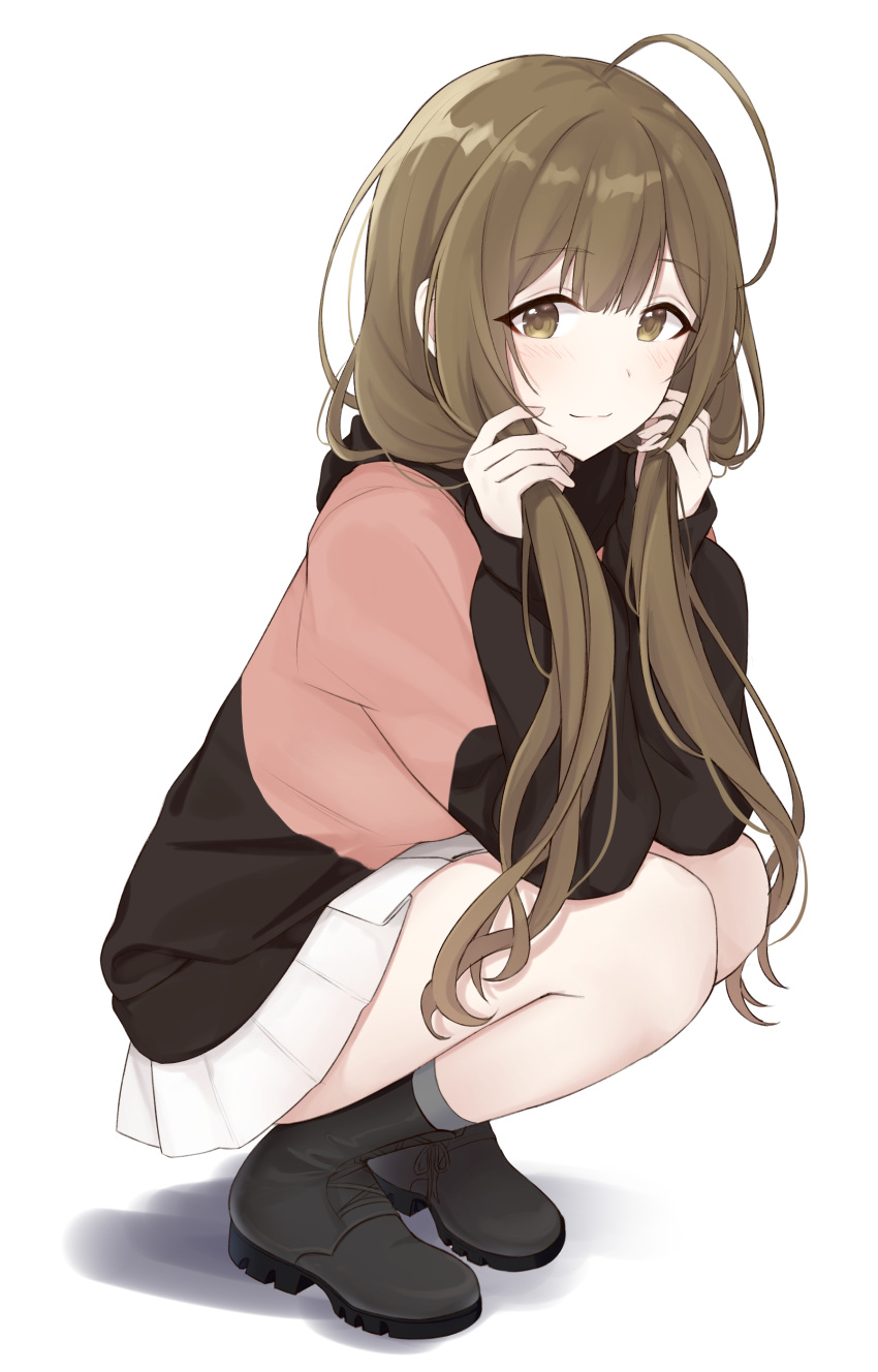 1girl absurdres ahoge blush boots brown_hair ench0 full_body highres holding holding_hair huge_ahoge idolmaster idolmaster_shiny_colors knee_boots kuwayama_chiyuki light_smile looking_at_viewer simple_background solo squatting two-tone_hoodie white_background