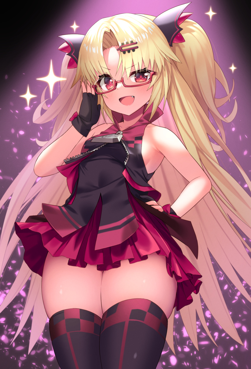 1girl akatsuki_uni bangs bettle_(b_s_a_n) black_gloves black_legwear blonde_hair breasts fang fingerless_gloves glasses gloves hair_ornament hairclip hand_on_hip hand_up highres long_hair looking_at_viewer parted_bangs red-framed_eyewear red_eyes small_breasts solo sparkle standing thigh-highs two_side_up uni_create very_long_hair zipper_pull_tab