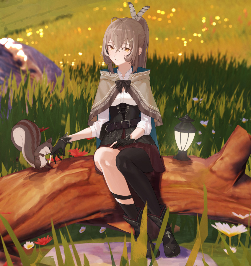 1girl absurdres ahoge asymmetrical_legwear bangs belt blurry boots branch brown_capelet brown_cloak brown_corset brown_eyes brown_hair capelet cistus cloak corset depth_of_field feather_hair_ornament feathers flower gloves grass hair_ornament hieroglyphics highres hololive hololive_english knee_strap kneehighs lantern long_hair looking_at_viewer multicolored_hair nanashi_mumei partially_fingerless_gloves ponytail red_skirt ribbon shirt single_kneehigh single_thighhigh sitting skirt smile solo squirrel streaked_hair thigh-highs thigh_strap tree very_long_hair virtual_youtuber white_shirt
