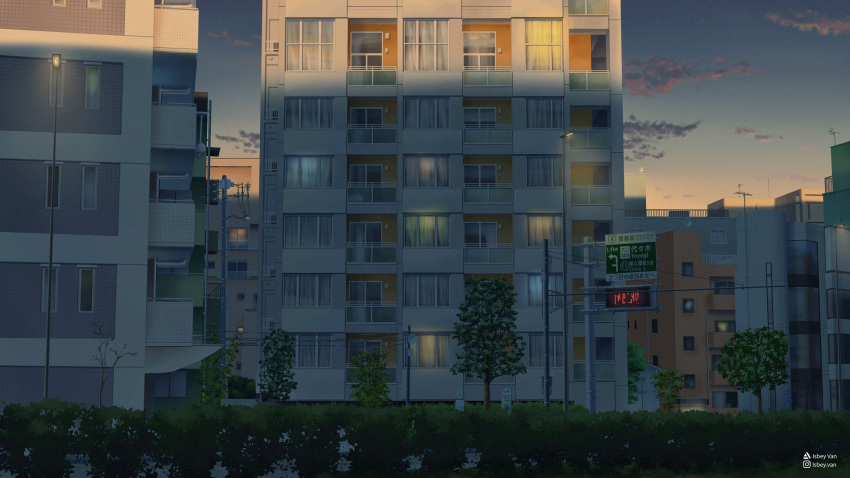 artist_name balcony building cityscape clouds commentary_request gradient_sky highres instagram_username isbeyvan japan lamppost light morning night night_sky no_humans orange_sky original outdoors power_lines road_sign scenery sign sky sunrise tree utility_pole watermark window