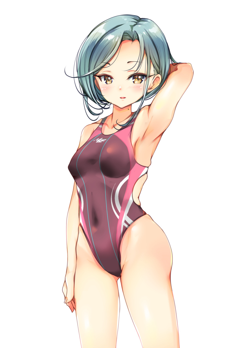 1girl absurdres breasts competition_swimsuit cowboy_shot grey_hair highres kantai_collection looking_at_viewer mole mole_on_neck one-piece_swimsuit pink_swimsuit short_hair simple_background small_breasts smile solo swimsuit tamanami_(kancolle) white_background yashin_(yasinz) yellow_eyes