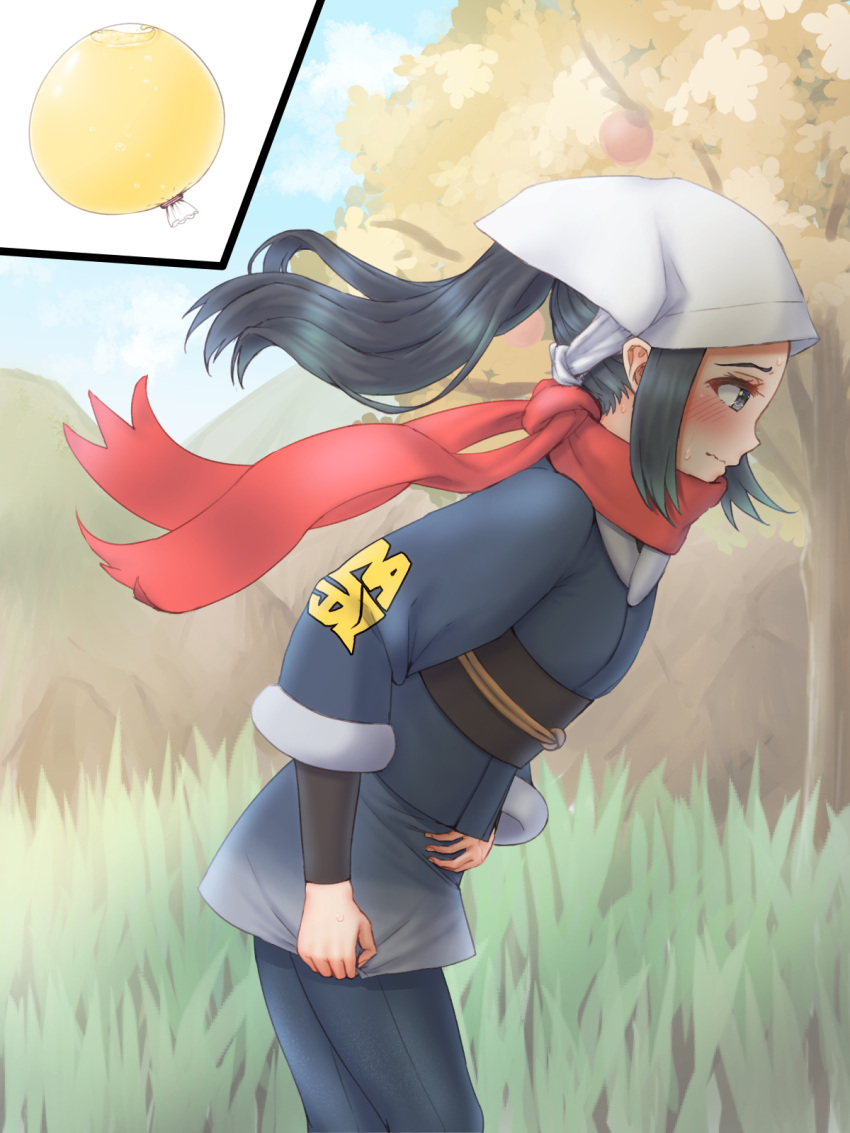 1girl akari_(pokemon) apotea black_eyes black_hair blue_kimono blue_pants blue_sky blush closed_mouth clouds commentary_request day embarrassed flat_chest from_side grass hand_on_own_stomach have_to_pee head_scarf highres japanese_clothes kimono layered_sleeves leaning_forward long_sleeves obi outdoors pants pokemon pokemon_(game) pokemon_legends:_arceus ponytail profile red_scarf sash scarf shiny shiny_hair sidelocks sky solo standing sweat textless tree urine_meter walking wavy_mouth white_headwear