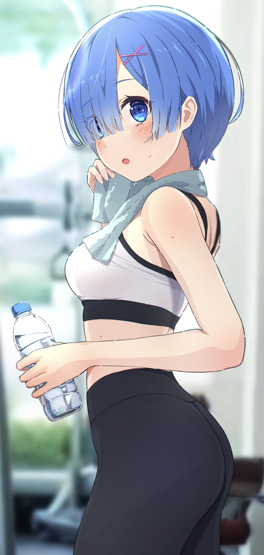 1girl absurdres ass blue_eyes blue_hair blurry blurry_background blush bottle breasts camui1104 commentary_request depth_of_field eyebrows_visible_through_hair eyes_visible_through_hair from_side hair_ornament hair_over_one_eye hairclip highres holding holding_bottle looking_at_viewer looking_to_the_side medium_breasts midriff open_mouth plastic_bottle re:zero_kara_hajimeru_isekai_seikatsu rem_(re:zero) revision short_hair solo sports_bra sportswear sweat towel towel_around_neck water_bottle x_hair_ornament