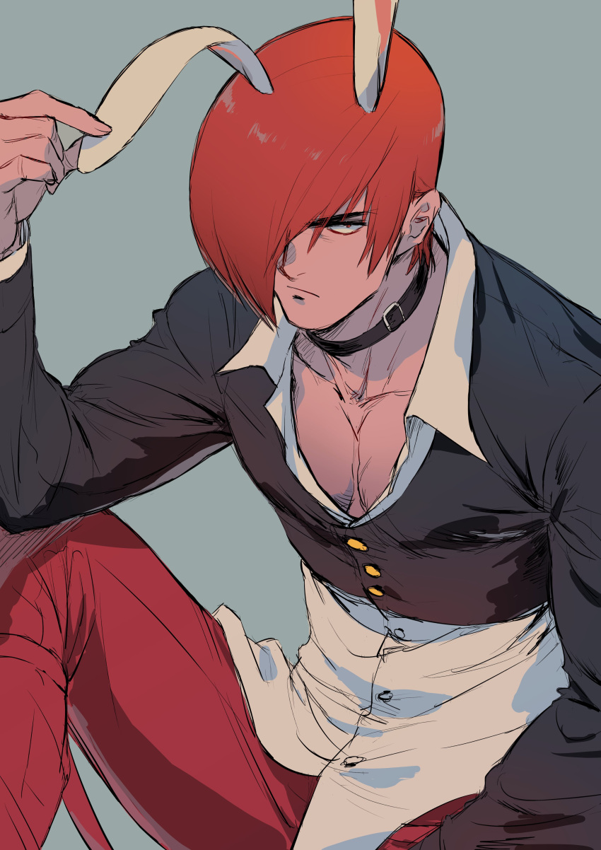 1boy absurdres animal_ears bangs beniazumaru closed_mouth collar grey_background hair_over_one_eye highres long_sleeves looking_at_viewer male_focus pants pectoral_cleavage pectorals rabbit_ears red_pants redhead short_hair simple_background solo the_king_of_fighters yagami_iori