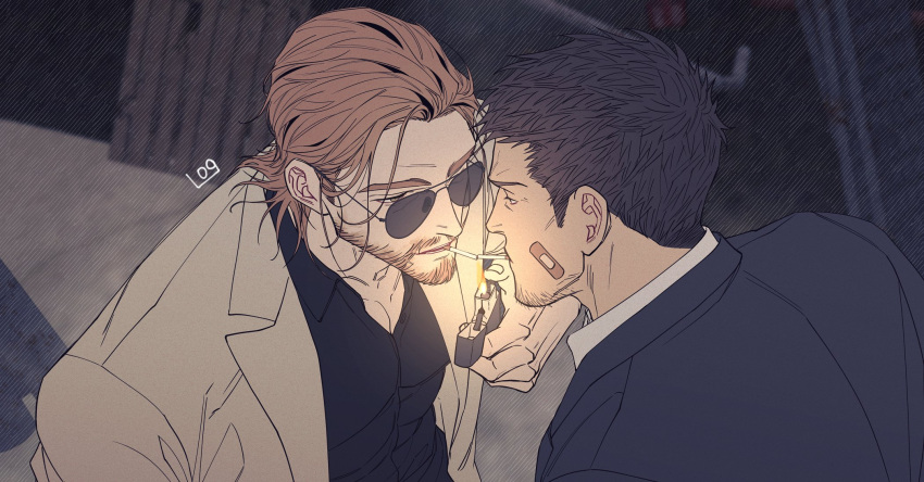 109ddong 2boys beard character_request cigarette commentary_request copyright_request covered_abs facial_hair glasses highres korean_commentary large_pectorals long_hair mature_male multiple_boys open_mouth pectorals short_hair smoking stubble sunglasses