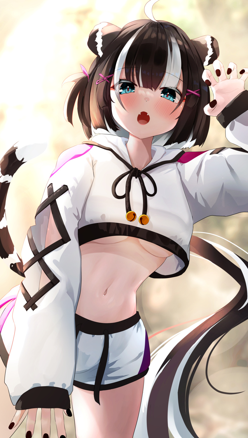 1girl :o absurdres animal_ears arm_up bell black_hair blue_eyes breasts claw_pose clothing_cutout cowboy_shot crop_top crop_top_overhang cropped_hoodie daran9 drawstring fangs hair_ornament hairclip highres hood hood_down hoodie jingle_bell long_hair long_sleeves looking_at_viewer medium_breasts midriff multicolored_hair nail_polish navel open_mouth original puffy_sleeves revealing_clothes short_shorts shorts shoulder_cutout solo standing stomach tail thighs tiger_ears tiger_girl tiger_tail two-tone_hair under_boob very_long_hair white_hoodie white_shorts x_hair_ornament