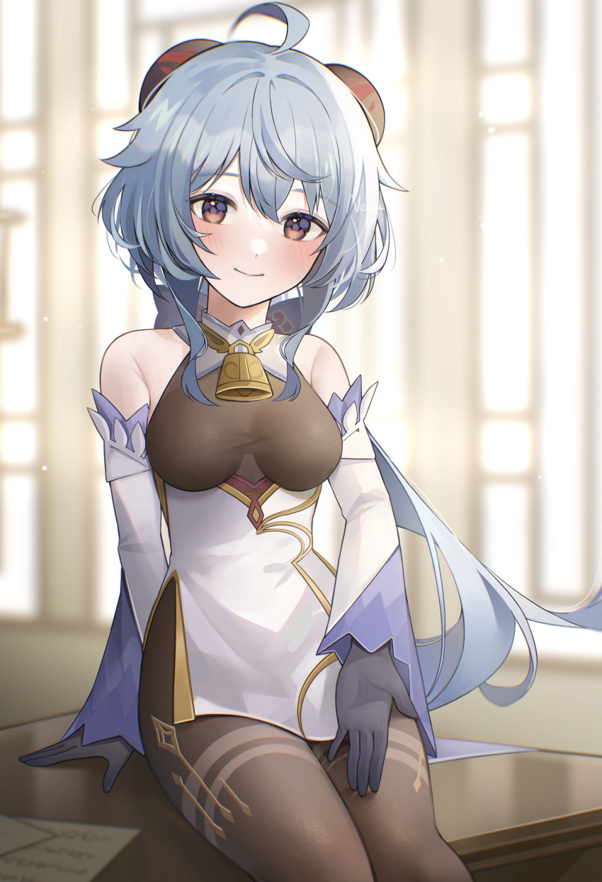 1girl absurdres ahoge arm_support bangs bare_shoulders bell blue_gloves blue_hair blush breasts brown_legwear detached_sleeves eyebrows_visible_through_hair ganyu_(genshin_impact) genshin_impact gloves gold_trim highres horns indoors light_smile long_hair looking_at_viewer medium_breasts neck_bell nerua paper sidelocks sitting solo table thighlet violet_eyes white_sleeves window