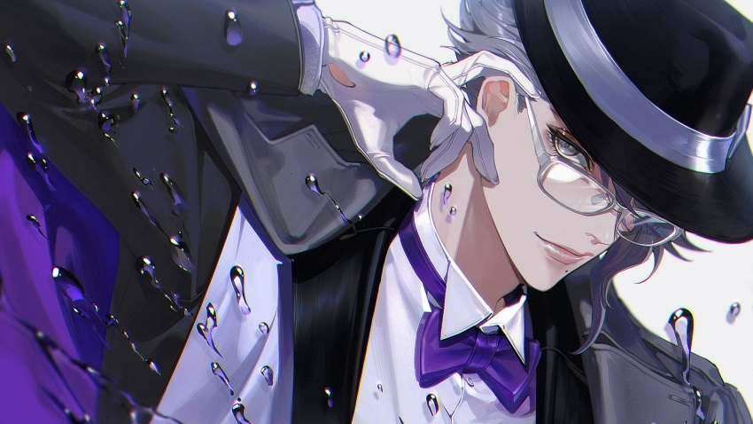 1boy azul_ashengrotto bespectacled bishounen bow bowtie coat collared_shirt face fedora formal glasses gloves grey_eyes hat hat_ribbon highres kiki_(re_6xxx) long_sleeves looking_at_viewer male_focus mole mole_under_mouth pale_skin portrait purple_bow purple_bowtie ribbon shirt short_hair silver_hair simple_background single_sidelock solo suit twisted_wonderland water_drop white_background white_gloves white_shirt