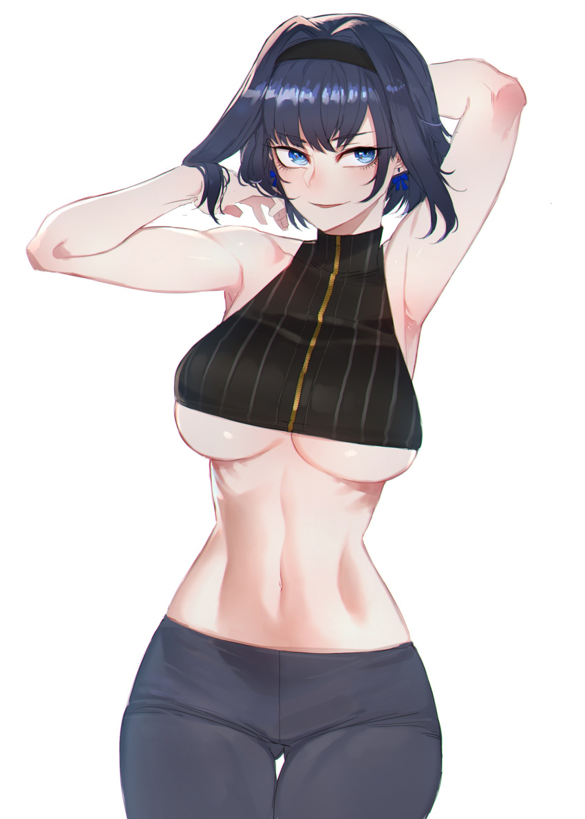 1girl absurdres armpits arms_up black_hairband blue_eyes blue_hair bow bow_earrings breasts cowboy_shot crop_top earrings hair_intakes hairband highres hololive hololive_english jewelry large_breasts navel open_mouth ouro_kronii pants ratatatat74 short_hair simple_background smile solo stomach thigh_gap under_boob virtual_youtuber white_background wide_hips yoga_pants