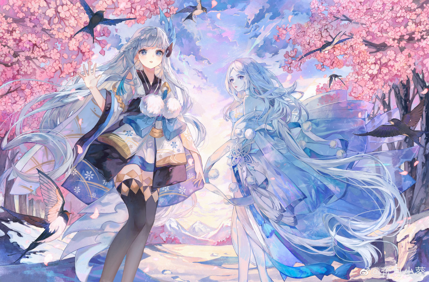 2girls absurdres bangs bare_shoulders benyue_xiao_kui bird black_legwear blue_eyes blue_hair blunt_bangs braid cherry_blossoms chinese_commentary clouds commentary_request dual_persona earrings feet_out_of_frame flying hair_ornament hand_up highres japanese_clothes jewelry kimono long_hair looking_afar looking_back mountainous_horizon multiple_girls obi off_shoulder onmyoji open_hand outdoors parted_lips pom_pom_(clothes) sash single_braid single_earring sky snow snowflake_print standing tassel tassel_earrings thigh-highs tree very_long_hair weibo_logo weibo_username white_legwear wide_sleeves yukata yuki_onna_(onmyoji)