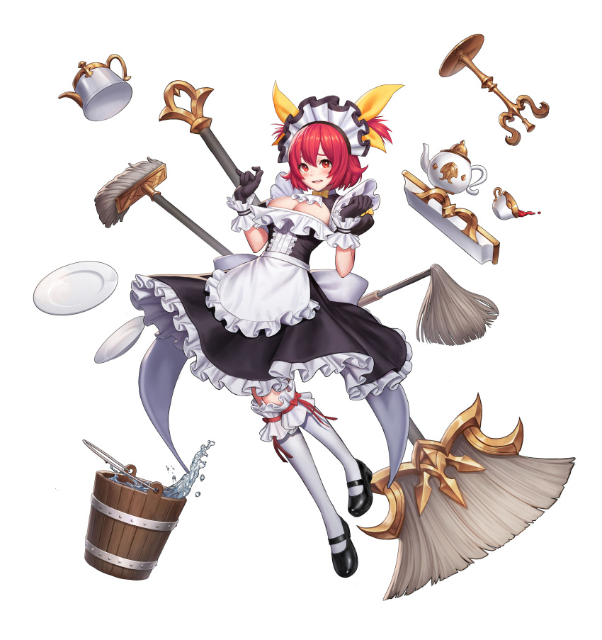 1girl absurdres apron bangs black_gloves blush breasts broom bucket cup eyebrows_behind_hair eyebrows_visible_through_hair gloves hair_between_eyes hair_ribbon highres jungon_kim looking_at_viewer maid maid_apron maid_headdress open_mouth original plate red_eyes redhead ribbon short_hair simple_background solo teacup teapot thigh-highs water white_background white_legwear