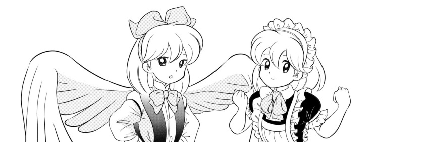 1980s_(style) 2girls angel_wings apron archived_source bow breasts clenched_hands closed_mouth dress feathered_wings frilled_apron frills gengetsu_(touhou) greyscale hair_bow hands_on_hips happy juliet_sleeves long_sleeves looking_at_viewer maid maid_headdress monochrome multiple_girls puffy_sleeves retro_artstyle ruukoto short_hair takemoto_izumi_(style) touhou touhou_(pc-98) white_wings wings yatyou