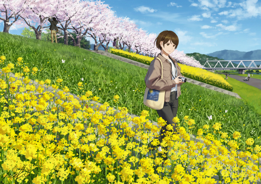 1boy 1girl bag black_pants blue_sky bridge brown_eyes brown_hair brown_jacket bug butterfly camera cherry_blossoms closed_mouth clouds field flower flower_field grass highres holding holding_camera jacket looking_at_viewer open_clothes open_jacket original pants papi_(papiron100) rapeseed_blossoms shirt short_hair shoulder_bag sky smile solo_focus spring_(season) tree white_shirt