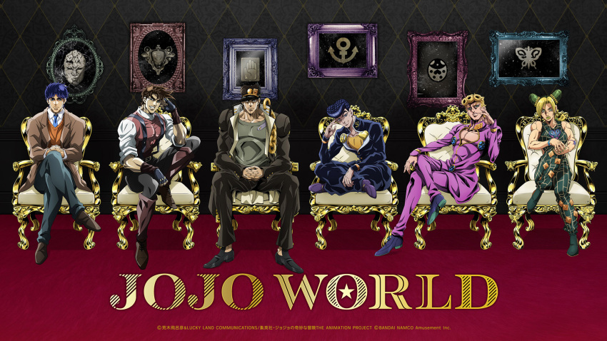 1girl 6+boys battle_tendency black_footwear black_headwear black_jacket black_pants blonde_hair blue_eyes blue_footwear blue_hair blue_necktie brown_hair brown_jacket chair closed_eyes crossed_legs diamond_wa_kudakenai formal full_body giorno_giovanna grin higashikata_josuke highres indian_style jacket jojo_no_kimyou_na_bouken jonathan_joestar joseph_joestar kujo_jolyne kujo_jotaro lips long_hair looking_at_viewer multicolored_hair multiple_boys necktie official_art orange_vest pants phantom_blood pink_jacket pink_pants pompadour portrait_(object) school_uniform shirt short_hair sitting sleeveless sleeveless_shirt smile stardust_crusaders stone_ocean streaked_hair teeth vento_aureo vest