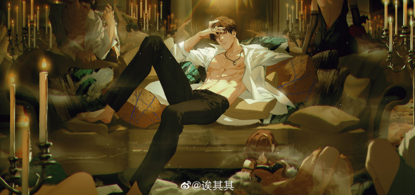 1boy abs absurdres bangs bishounen brown_hair chinese_commentary collared_shirt commentary_request hel0205 highres large_pectorals light_and_night_love long_sleeves lu_chen navel nipples open_clothes pectorals shirt short_hair solo white_shirt