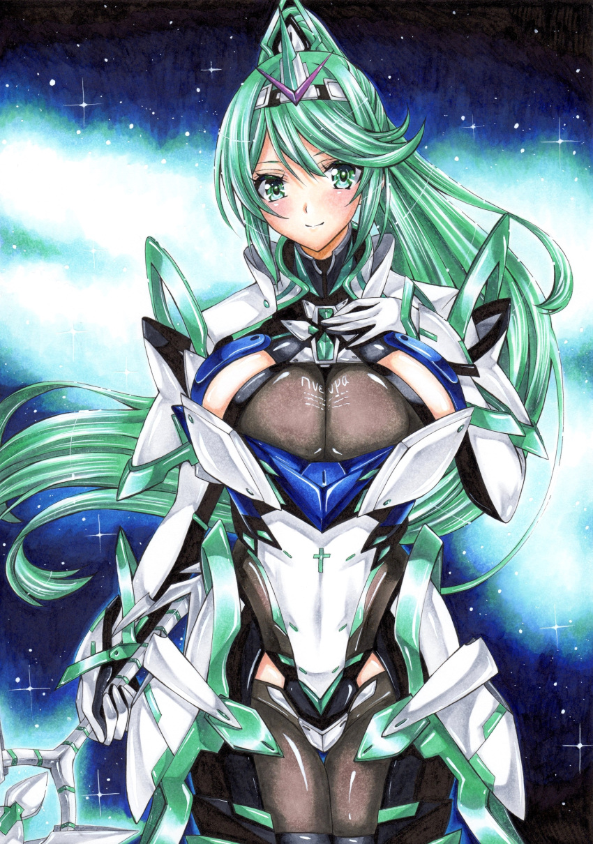 1girl absurdres aegis_sword_(xenoblade) bangs breasts chest_jewel earrings gem gloves greek_text green_eyes green_hair hair_ornament headpiece highres hmdark-9 jewelry large_breasts long_hair mythra_(xenoblade) pneuma_(xenoblade) ponytail pyra_(xenoblade) solo swept_bangs tiara traditional_media very_long_hair xenoblade_chronicles_(series) xenoblade_chronicles_2