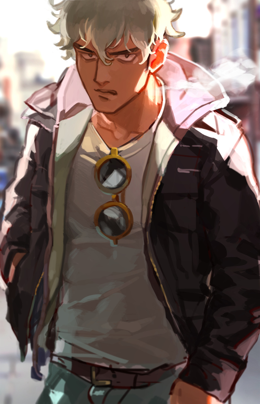 1boy absurdres belt black_jacket blurry collarbone commentary_request day depth_of_field guzma_(pokemon) highres hood hooded_jacket jacket male_focus meipu_hm pants pokemon pokemon_(game) pokemon_sm shirt shoes short_sleeves smoking solo sunglasses team_skull white_hair white_shirt