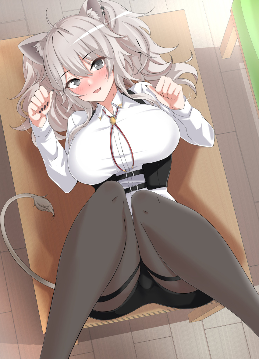 1girl absurdres ahoge animal_ears bangs blush breasts grey_eyes grey_hair hair_between_eyes highres hololive legs long_hair looking_at_viewer mcp150_plus nail_polish on_table shishiro_botan smile solo table tail thigh-highs twintails virtual_youtuber