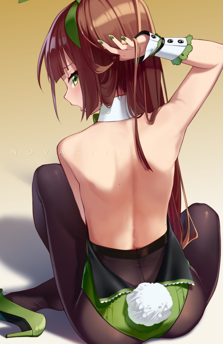 1girl animal_ears artist_name backless_leotard bangs bare_back bare_shoulders black_legwear blunt_bangs bow bowtie brown_hair detached_collar easter english_commentary eyebrows_visible_through_hair fake_animal_ears fake_tail green_bow green_bowtie green_eyes green_footwear green_leotard green_nails hair_up hand_up high_heels highres leotard leotard_removed long_hair looking_back novareeee open_mouth original pantyhose playboy_bunny rabbit_tail shadow simple_background sitting solo tail wrist_cuffs yellow_background