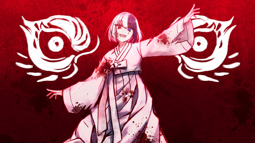 1girl :d bangs blood blood_on_clothes blue_eyes blue_hair commission eyebrows_visible_through_hair hair_between_eyes hakama hakama_skirt heterochromia highres japanese_clothes kimono long_sleeves mamel_27 multicolored_hair original outstretched_arms red_eyes skirt smile solo torn_clothes torn_kimono two-tone_hair white_hair white_hakama white_kimono wide_sleeves