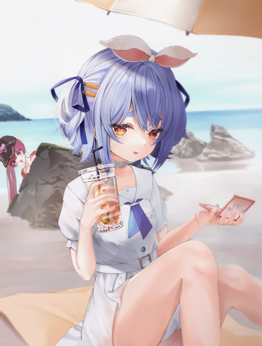 2girls 7d7y7 absurdres bangs baseball_cap beach belt blue_hair blue_nails blue_ribbon carrot_hair_ornament choker cup dress drinking_straw eyebrows_visible_through_hair eyewear_on_headwear food-themed_hair_ornament hair_ornament hair_ribbon hat highres holding holding_cup hololive houshou_marine knees_up long_hair looking_at_viewer multiple_girls outdoors parted_lips peeking_out red_eyes redhead ribbon rock short_hair short_sleeves sitting thick_eyebrows thigh-highs two_side_up usada_pekora virtual_youtuber white_belt white_choker white_dress