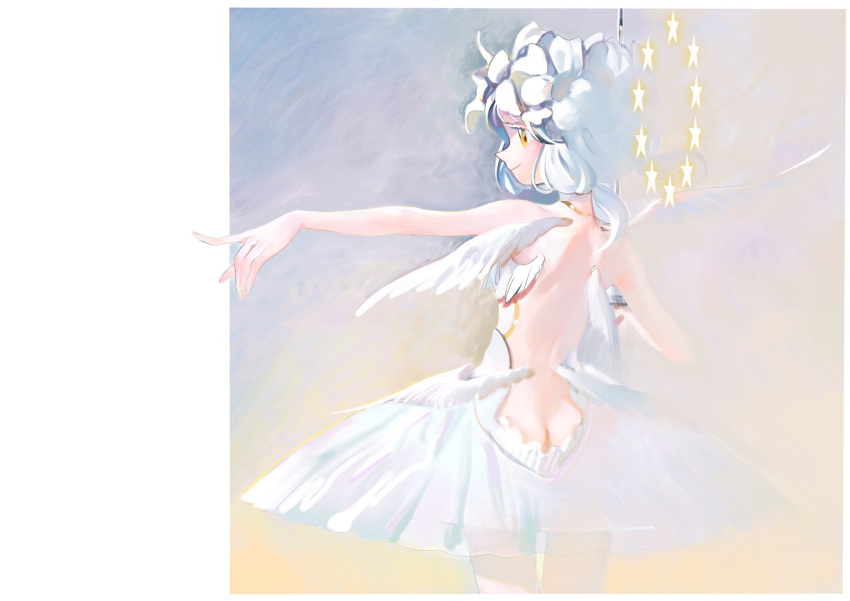 1girl angel back backless_outfit bare_shoulders butt_crack cowboy_shot dress floating_hair flower flower_wreath from_behind head_wreath highres holding holding_sword holding_weapon kaede_(shijie_heping) lily_(flower) low_twintails low_wings medium_hair multiple_wings orange_eyes original outstretched_arm pointing profile see-through_dress seraph sketch smile star_(symbol) sword thigh_gap twintails weapon white_dress white_hair wings