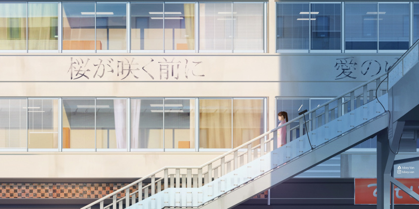 1girl artist_name brown_hair building ceiling_light cityscape commentary_request curtains highres instagram_username isbeyvan morning original pedestrian_bridge ponytail scenery solo stairs translation_request watermark window