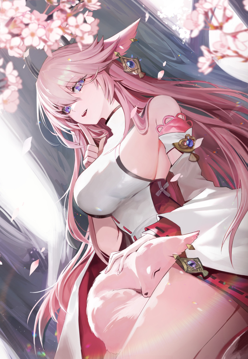 1girl :d ^_^ absurdres bangs bare_shoulders blurry breasts cherry_blossoms closed_eyes commentary detached_sleeves falling_petals fox genshin_impact hair_between_eyes highres kyuri_(suika) large_breasts lens_flare long_bangs long_hair on_lap open_mouth petals pink_hair ribbon-trimmed_sleeves ribbon_trim shirt sideboob smile teeth thighs turtleneck upper_teeth white_shirt white_sleeves yae_miko yae_miko_(fox)