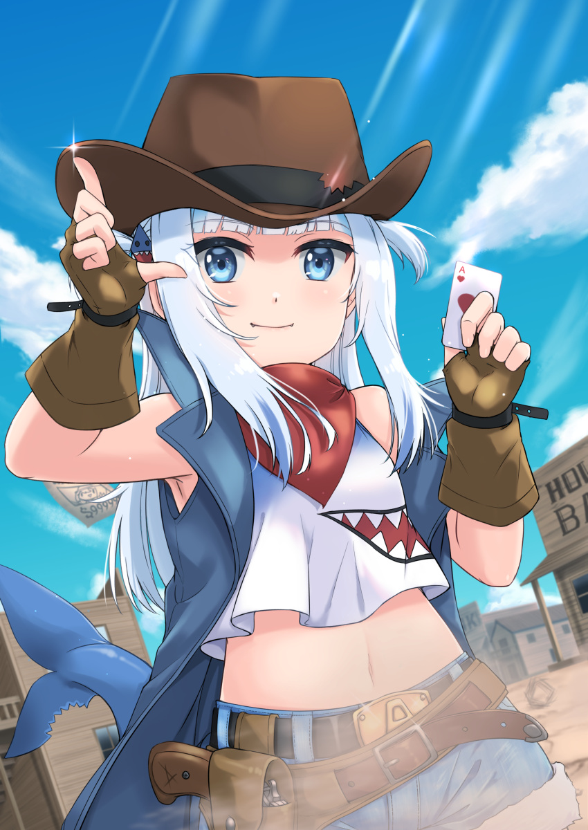 absurdres ace_of_hearts bandana belt belt_buckle blue_eyes blue_sky buckle card cowboy cowboy_hat cowboy_western denim denim_jacket denim_shorts fingerless_gloves fish_tail gawr_gura gloves gun hair_ornament hat heart highres hololive hololive_english holstered_weapon jacket multicolored_hair nanbu_shu_zhi_zhu playing_card popped_collar red_bandana shark_girl shark_hair_ornament shark_tail short_twintails shorts sky smile tail twintails virtual_youtuber weapon white_hair