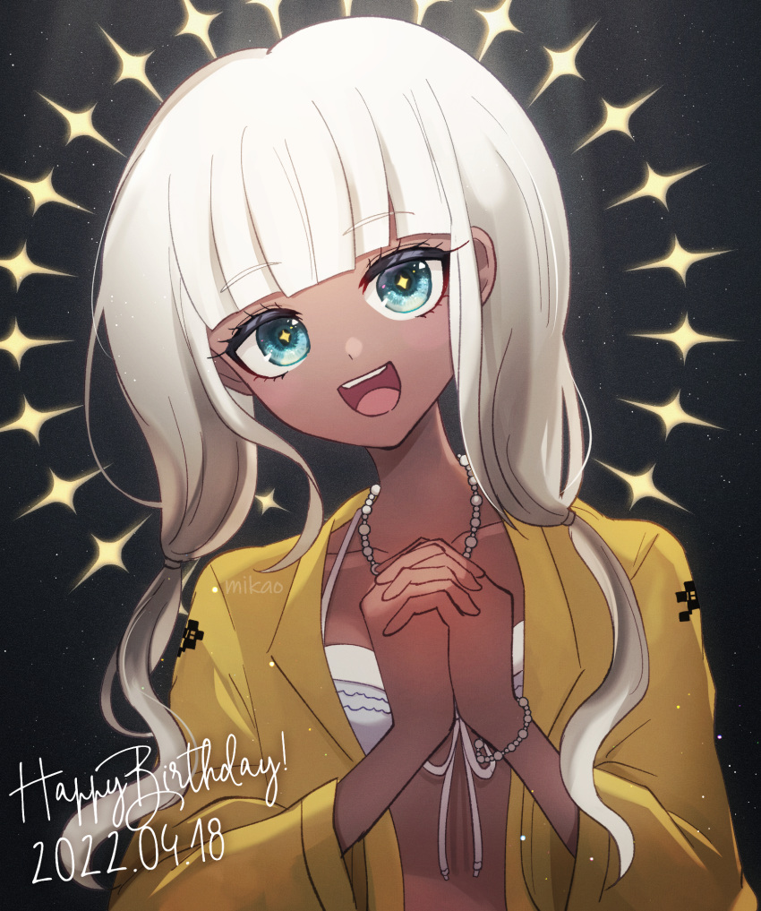 1girl :d bangs bikini collarbone commentary_request danganronpa_(series) danganronpa_v3:_killing_harmony dark-skinned_female dark_skin dated eyebrows_visible_through_hair green_eyes happy_birthday highres jewelry long_hair long_sleeves looking_at_viewer mikao_(eanv5385) necklace own_hands_together smile solo sparkling_eyes swimsuit teeth tongue upper_body upper_teeth yonaga_angie