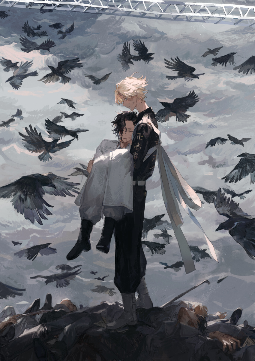 2boys absurdres animal anzen_kakunin asymmetrical_hair bangs bird black_footwear black_jacket black_pants blonde_hair blood blood_on_face boots burn_scar carrying closed_eyes clouds cloudy_sky coat crow flying full_body highres inui_seishu jacket kokonoi_hajime long_sleeves male_focus multiple_boys outdoors pants profile scar scar_on_face short_hair sky standing tokyo_revengers white_coat white_footwear white_pants